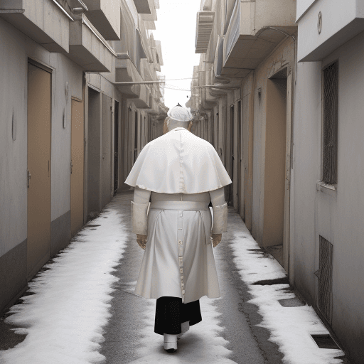 AI generated: The pope with a big white bomber winter jacket walking inside the ghetto