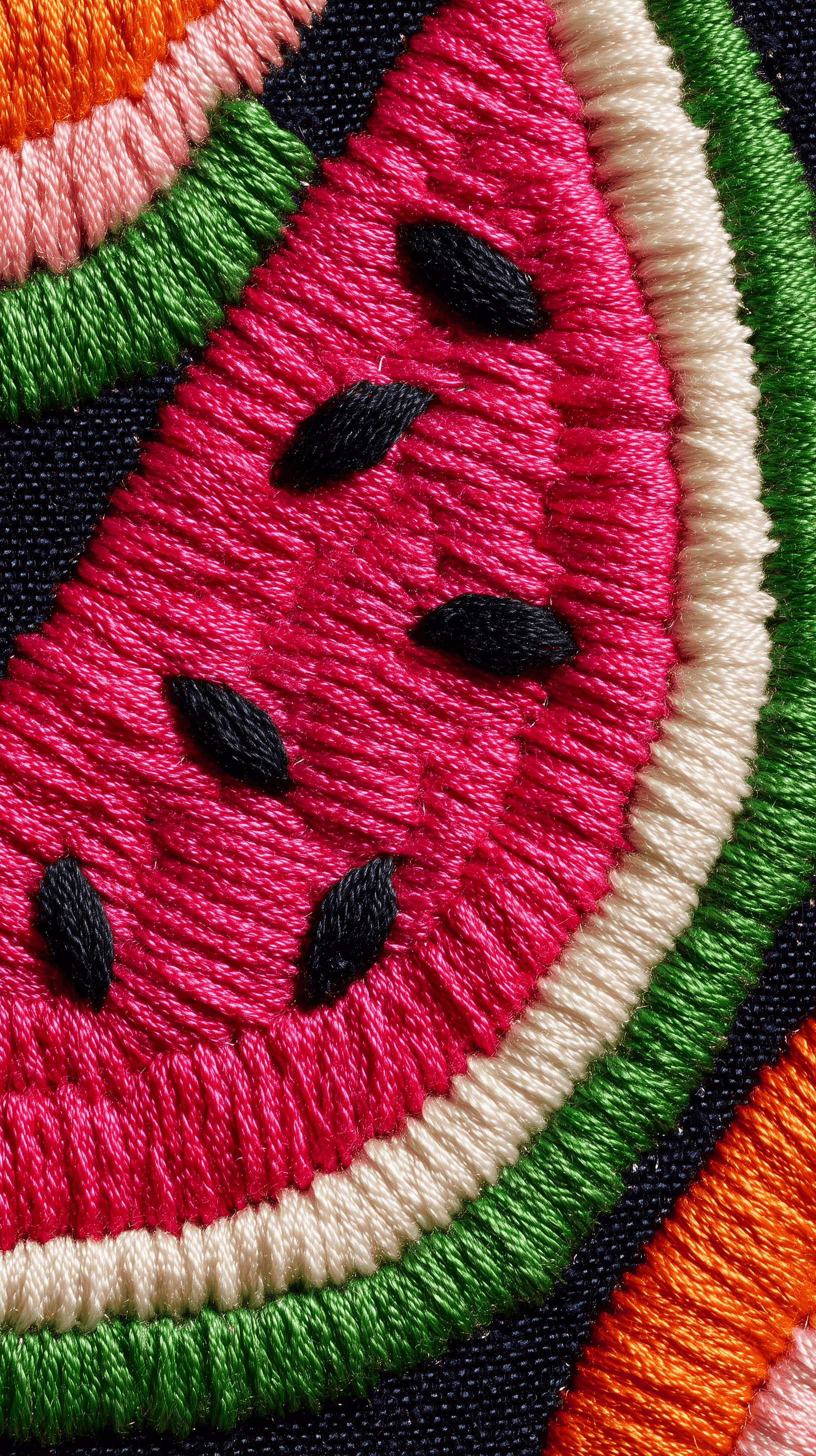 AI generated: bold-thread embroidery art, minimalistic composition, textile medium, close-up view of a watermelon,...