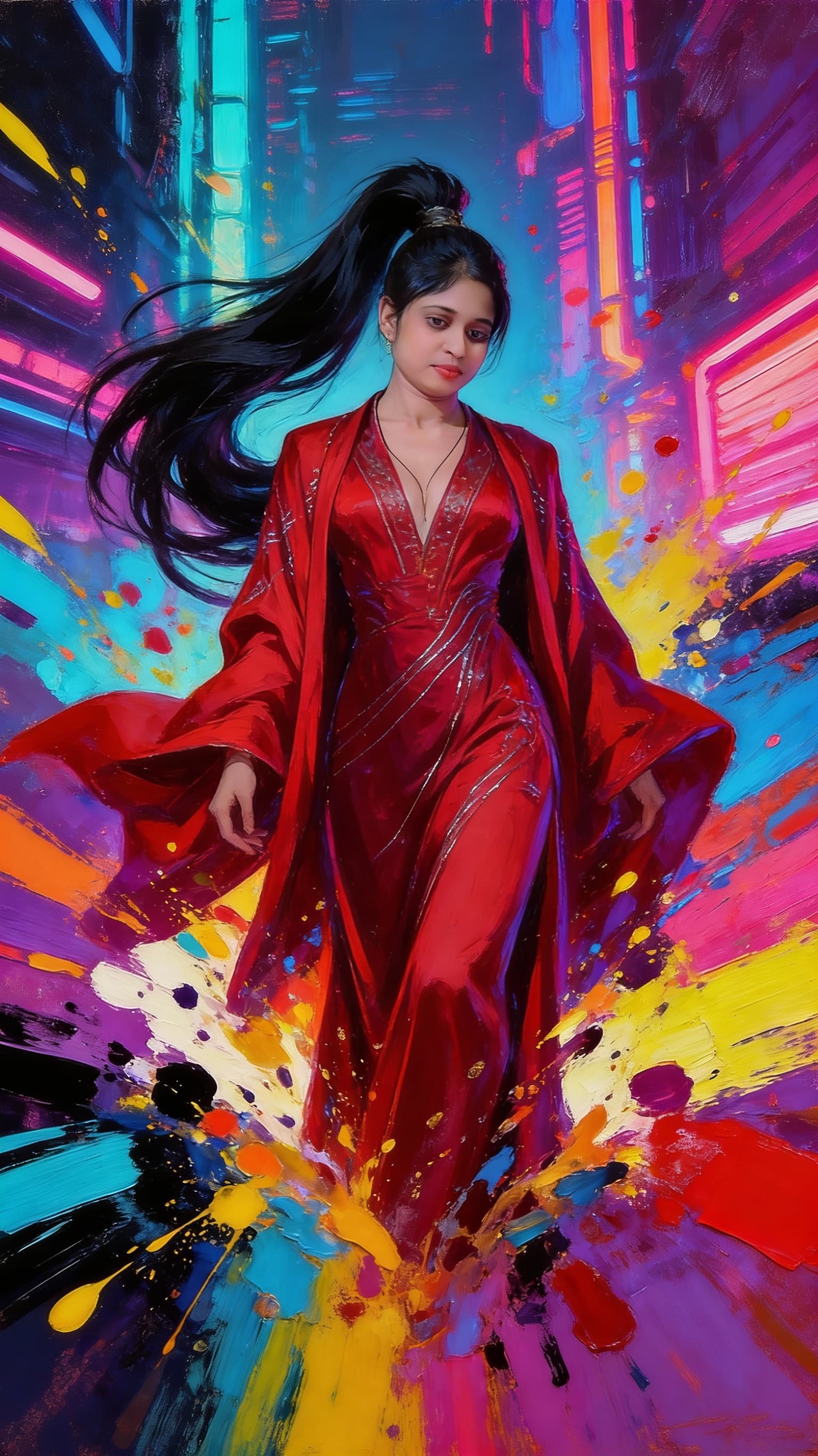 AI generated: A commanding, seductive young empress stands at the center, her long obsidian hair styled in a high,...