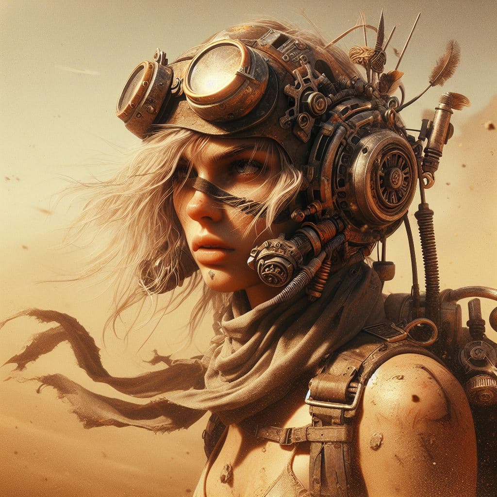 AI generated: finnest details, half-body portrait, badass steampunk desert pod racer, intricate mecanism metalic h...
