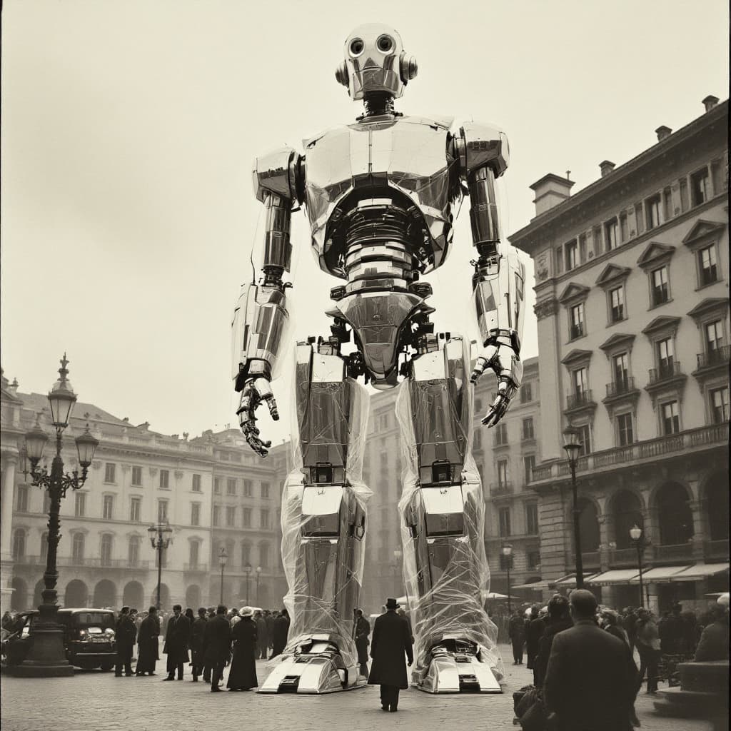 AI generated: tall giant in the piazza from an old photograph, clear plastic wrap outside, steel robot frame insid...