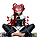 AI generated: long_hair, solo, hands between legs, red_hair,twintails,  brown_eyes, head_rest,upper body,sitting,l...