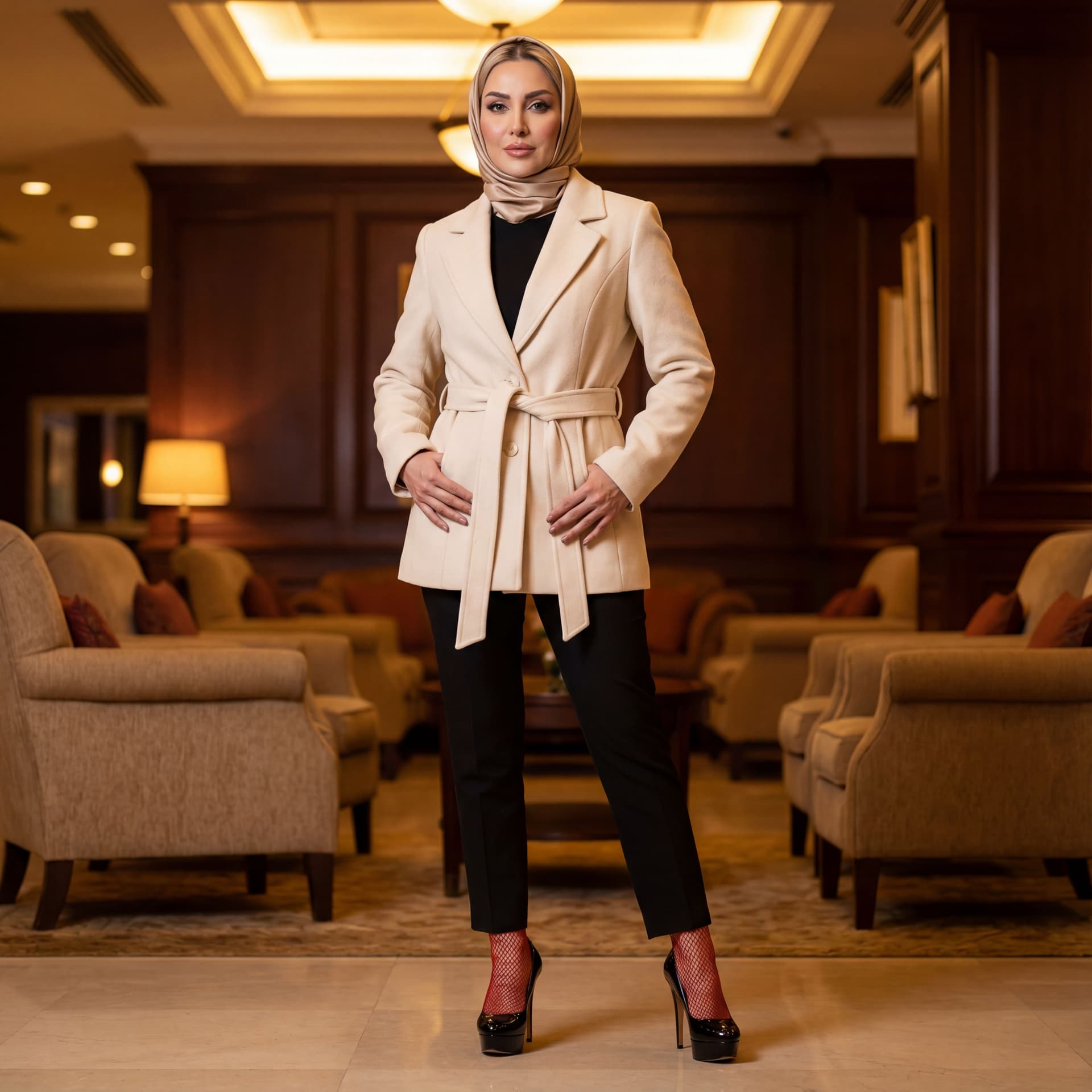 AI generated: “Ultra-realistic fashion photography, full-body portrait of an adult woman wearing a beige headscarf...