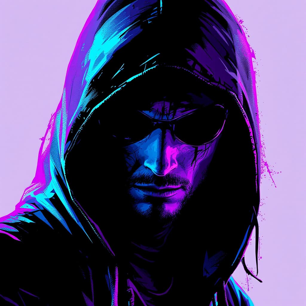 AI generated: hooded man, hidden face, low light, cyberpunk tattoo designs , in the style of silkscreen, purple an...