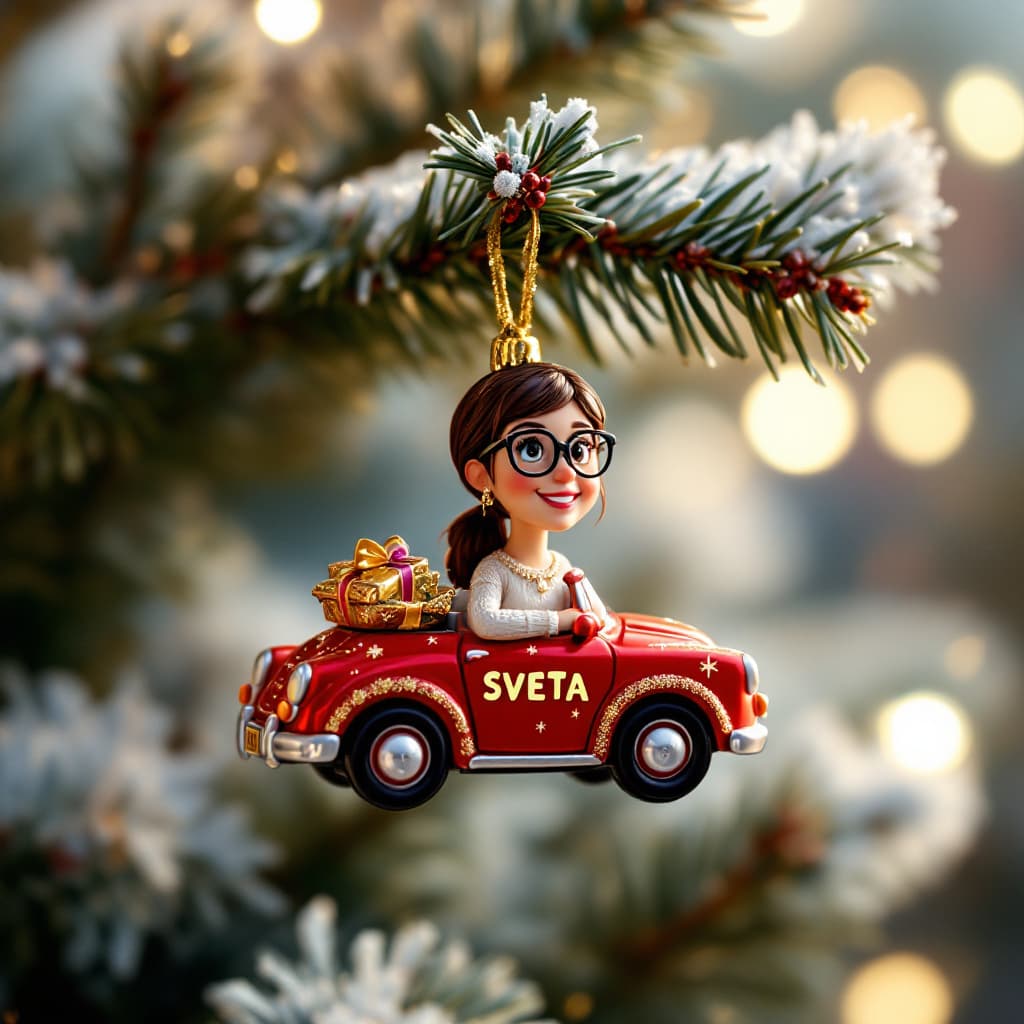 AI generated: Medium shot. A Disney-style Christmas ornament, Pixar hangs on a branch of a fluffy, sparkling Chris...