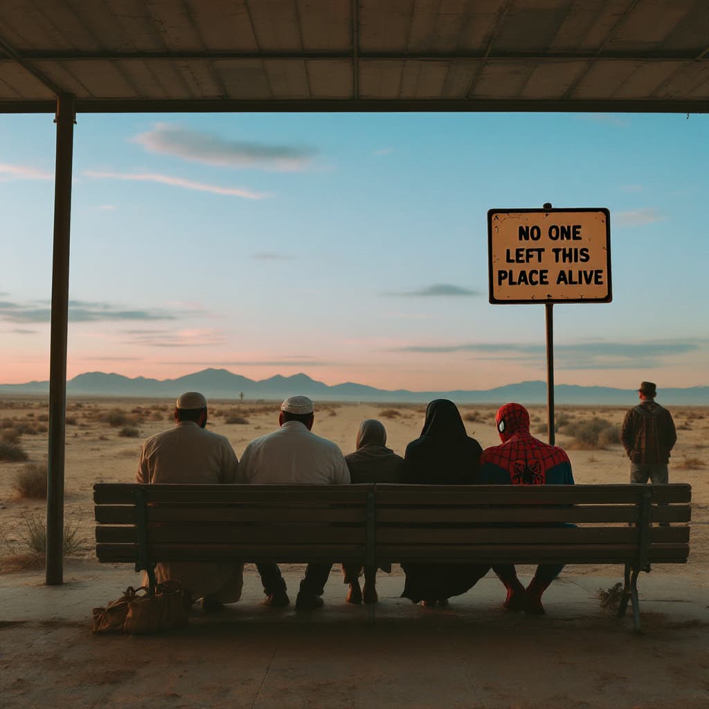 AI generated: wide shot of a bus station located in the middle of the dessert, is sunset , dusty enviroment. on th...