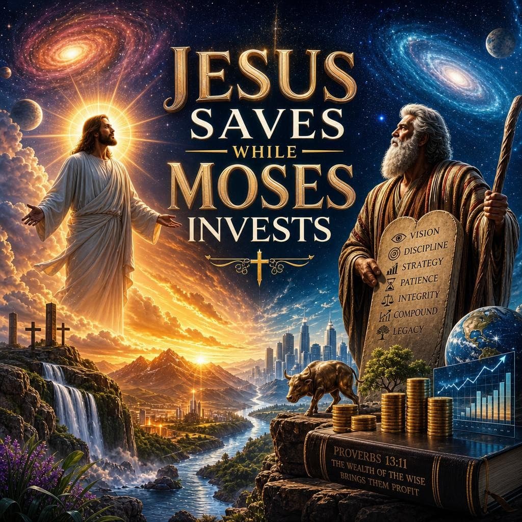 AI generated: Create a captivating and visually stunning image of the saying, Jesus Saves while Moses Invests that...
