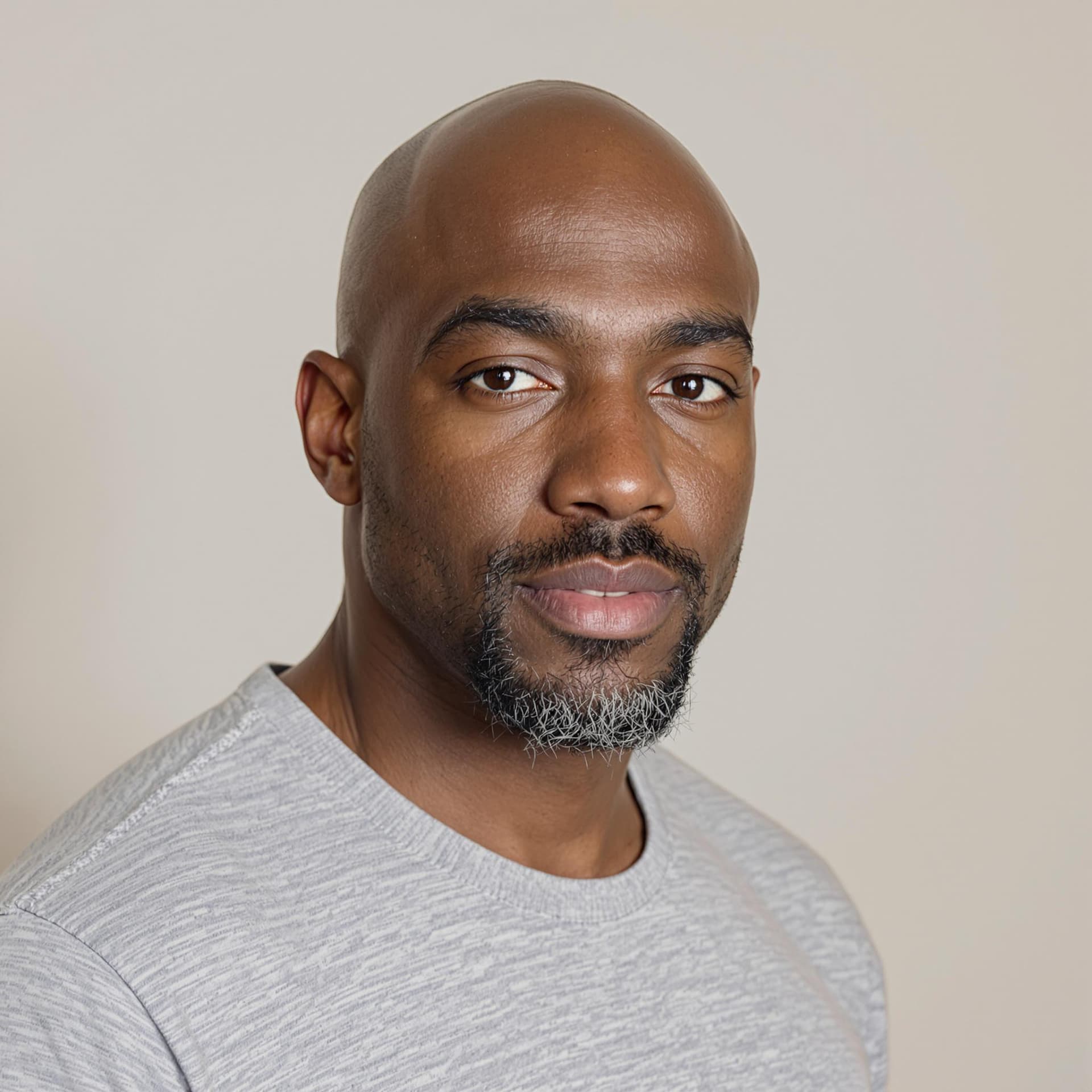 AI generated: a bald black male in his thirties with facial stubble, posing for the camera against a neutral backg...