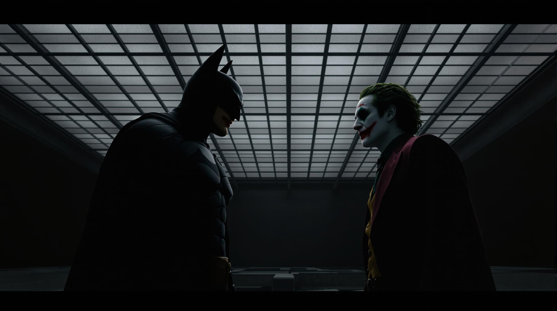 AI generated: high resolution cinematic photo, the black silhouette batman and joker meeting scene, monochromatic,...