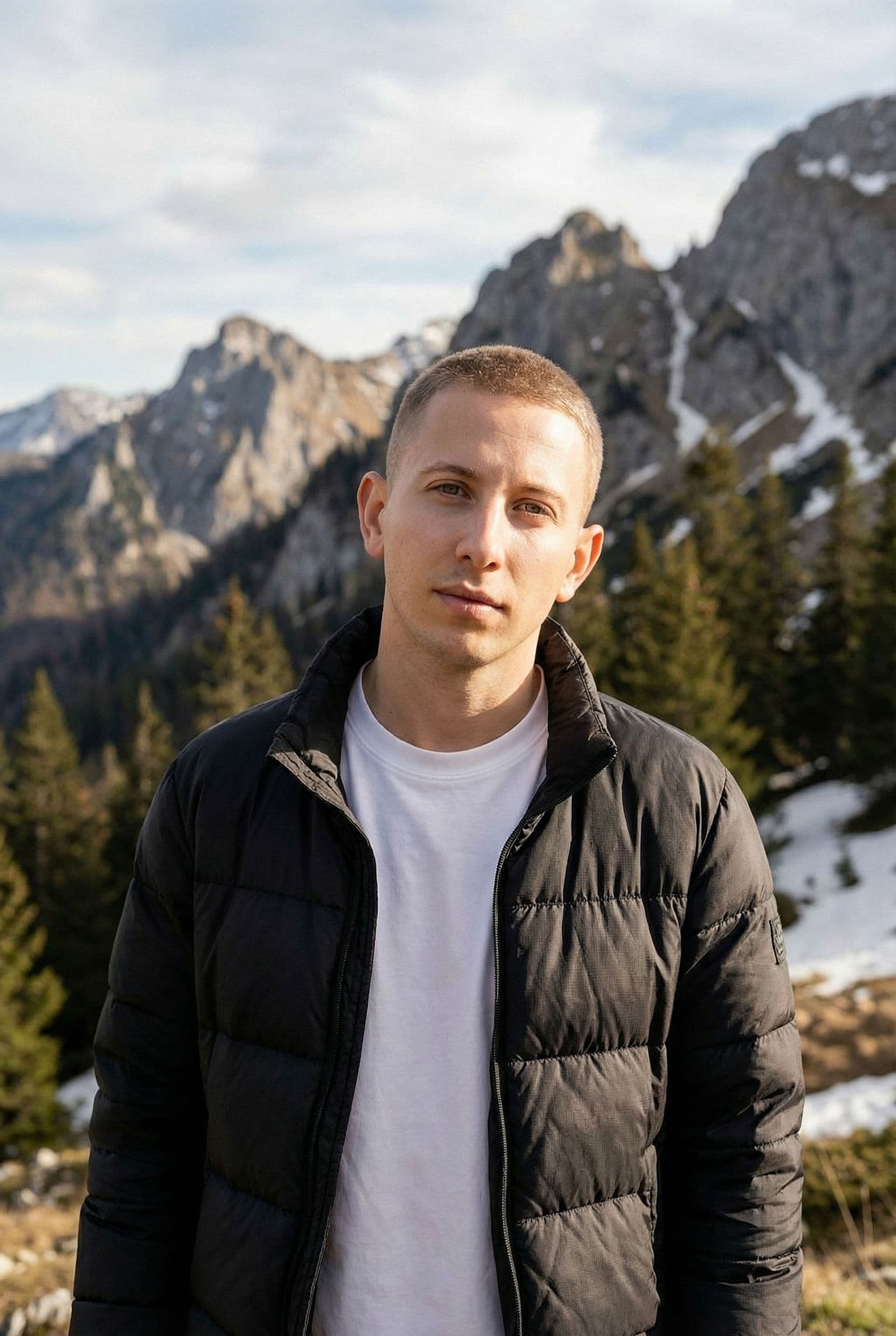 AI generated: change the scenario, put a white T-shirt on him, put on a black down jacket, and go to the mountains...