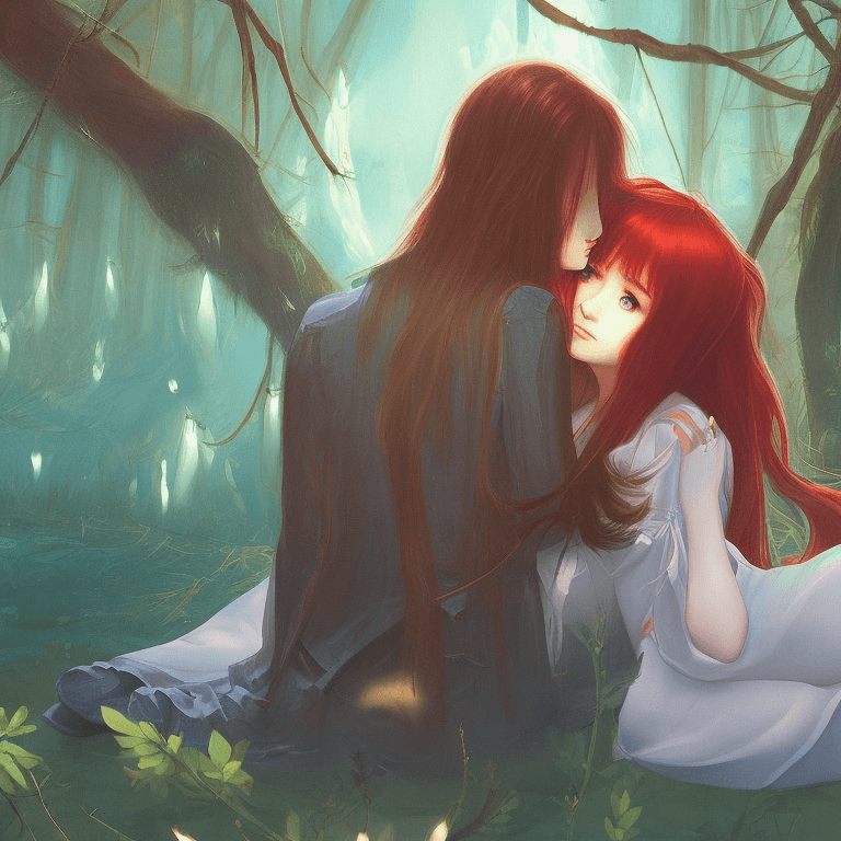 AI generated: a close up of a boy and a girl sitting together and hugging in a forest. girl has long flowing red h...