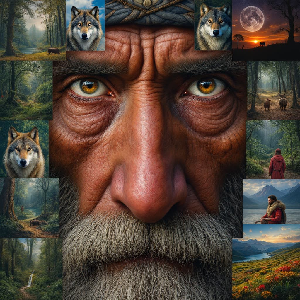 AI generated: digital painting, ultra realistic, very detailed eyes of an old aboriginal shaman, sergio Leone styl...