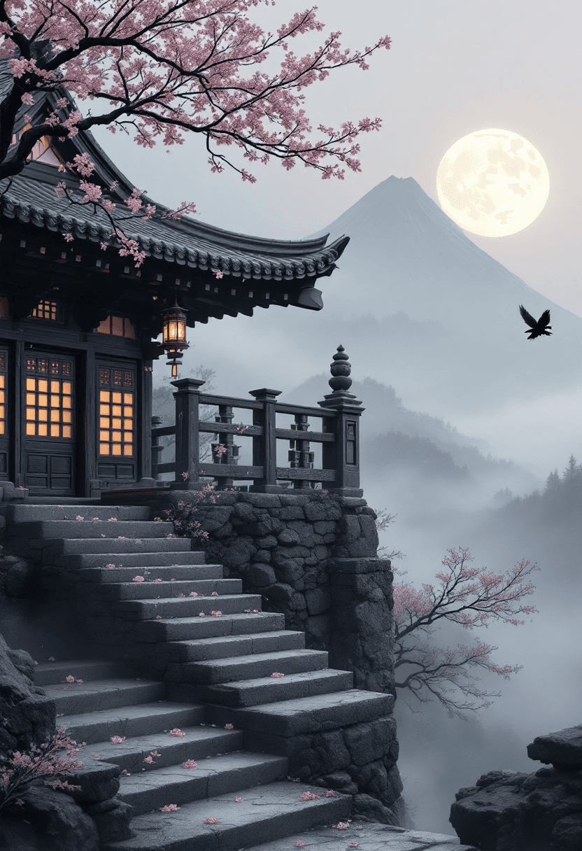 AI generated: An ancient Japanese pagoda, off-center right, simplified wood texture (soft grain, faint cracks), pa...