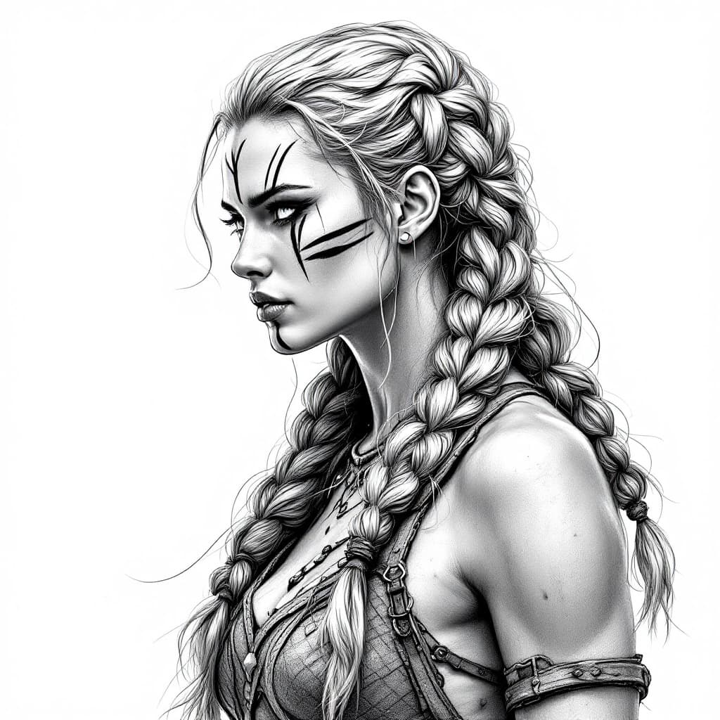 AI generated: Create an intricate, detailed black-and-white drawing of a Viking warrior woman, depicted in a fanta...
