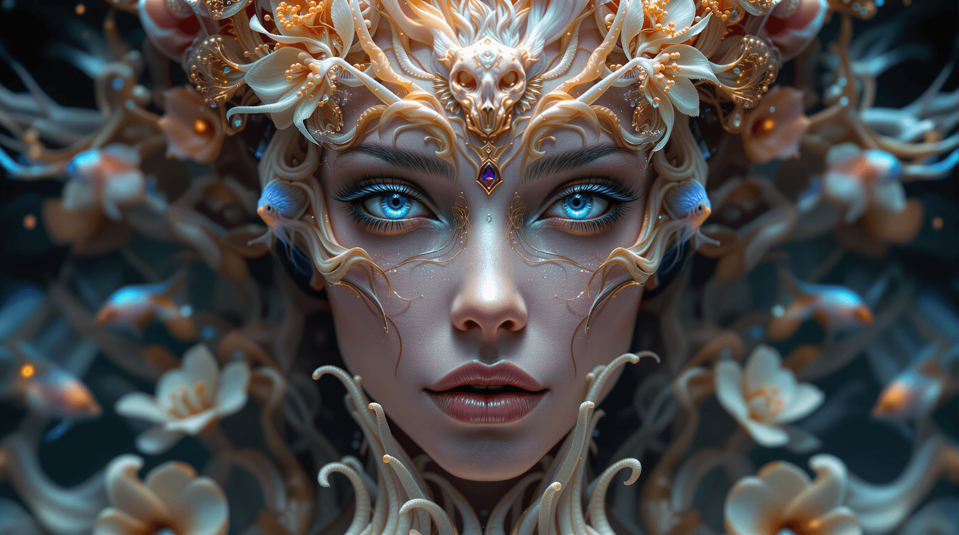 AI generated: Goddess close-up portrait ribcagel. jellyfish phoenix head, nautilus, orchid, skull, betta fish, bio...