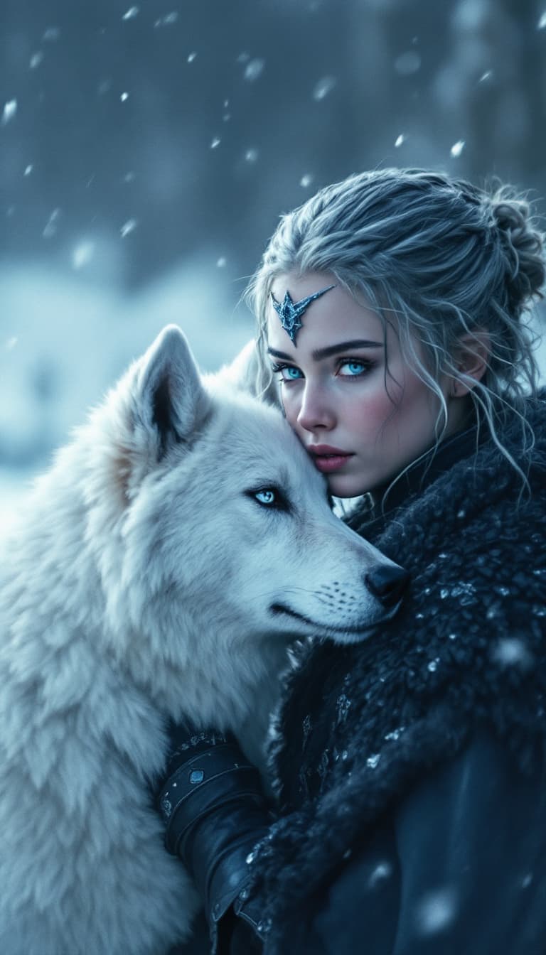 AI generated: game of thrones, knight girl, stark knight, alone in the north, with her wolf dog like ghost, a drag...
