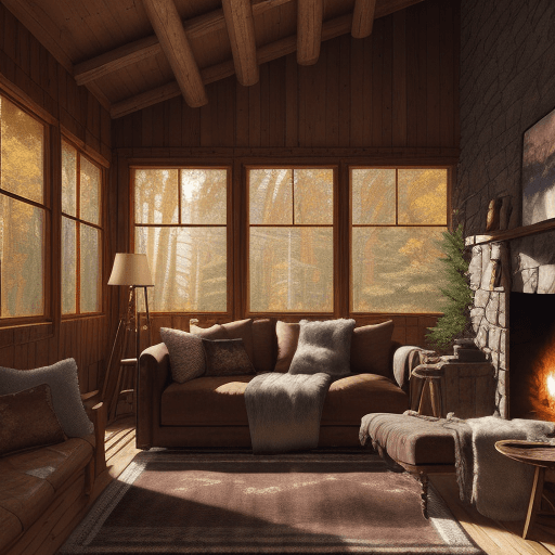 AI generated:  a dreamhouse cabin, in the woods, interior design, cozy, couch, throw blankets, fur rug, large wind...