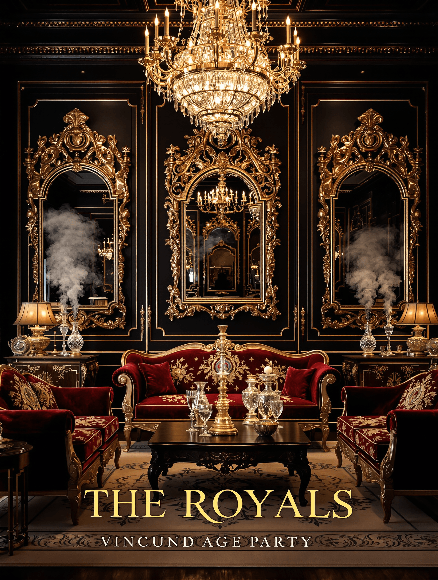 AI generated: Create a grand, opulent poster for 'The Royals' vintage party. The scene is a lavish Rococo/Baroque-...