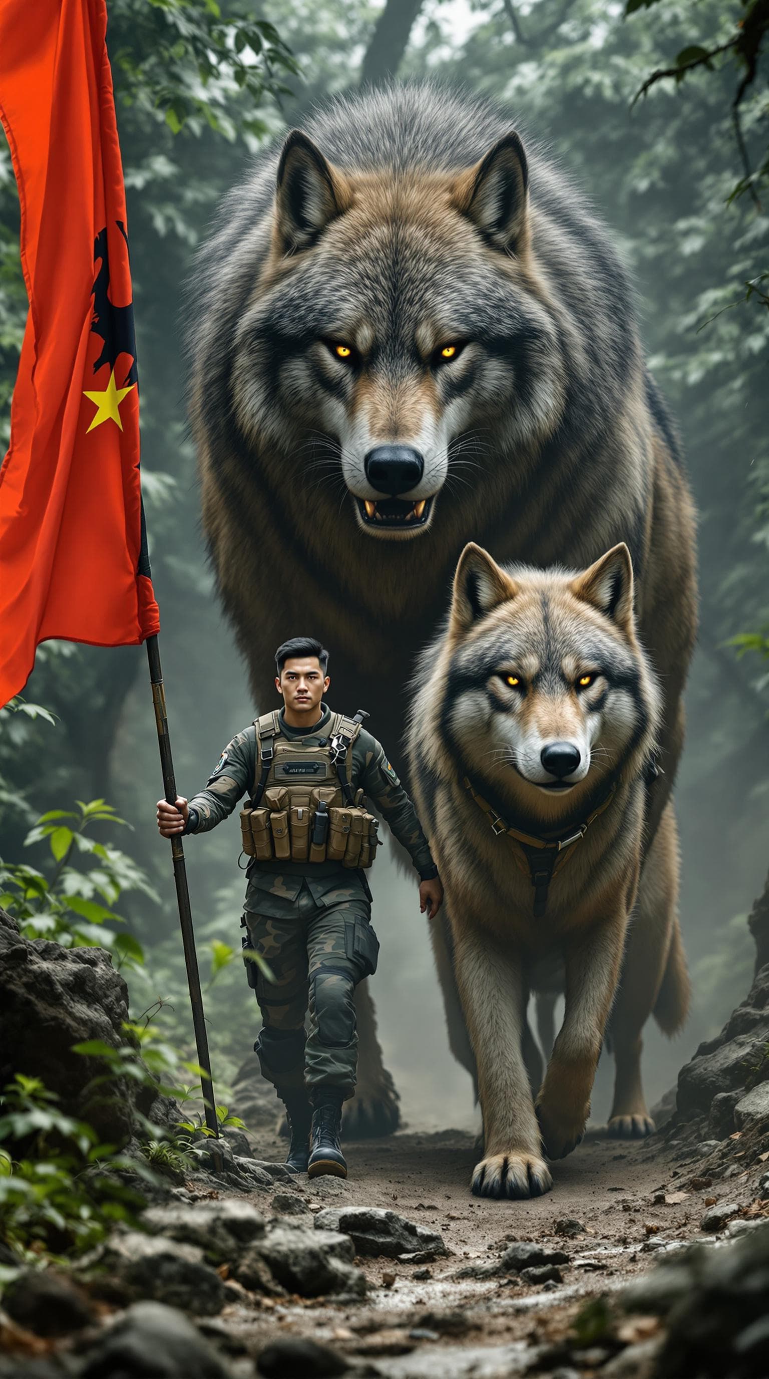 AI generated: enhanced photograph featuring a dramatic scene set in a rugged, jungle landscape. The central focus ...