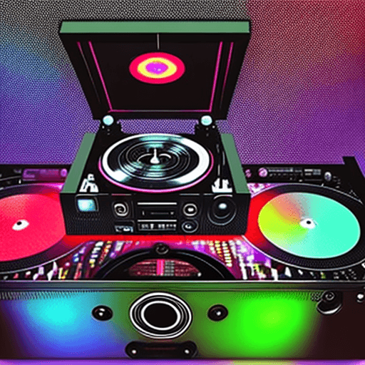 AI generated: cyborg dj, holographic turntables and speakers, robot made of boomboxes, record players, microphones...