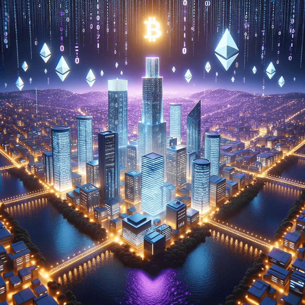 AI generated: 3D rendered aerial view of a digital city of the future, with a vast depth of field. Buildings, embl...