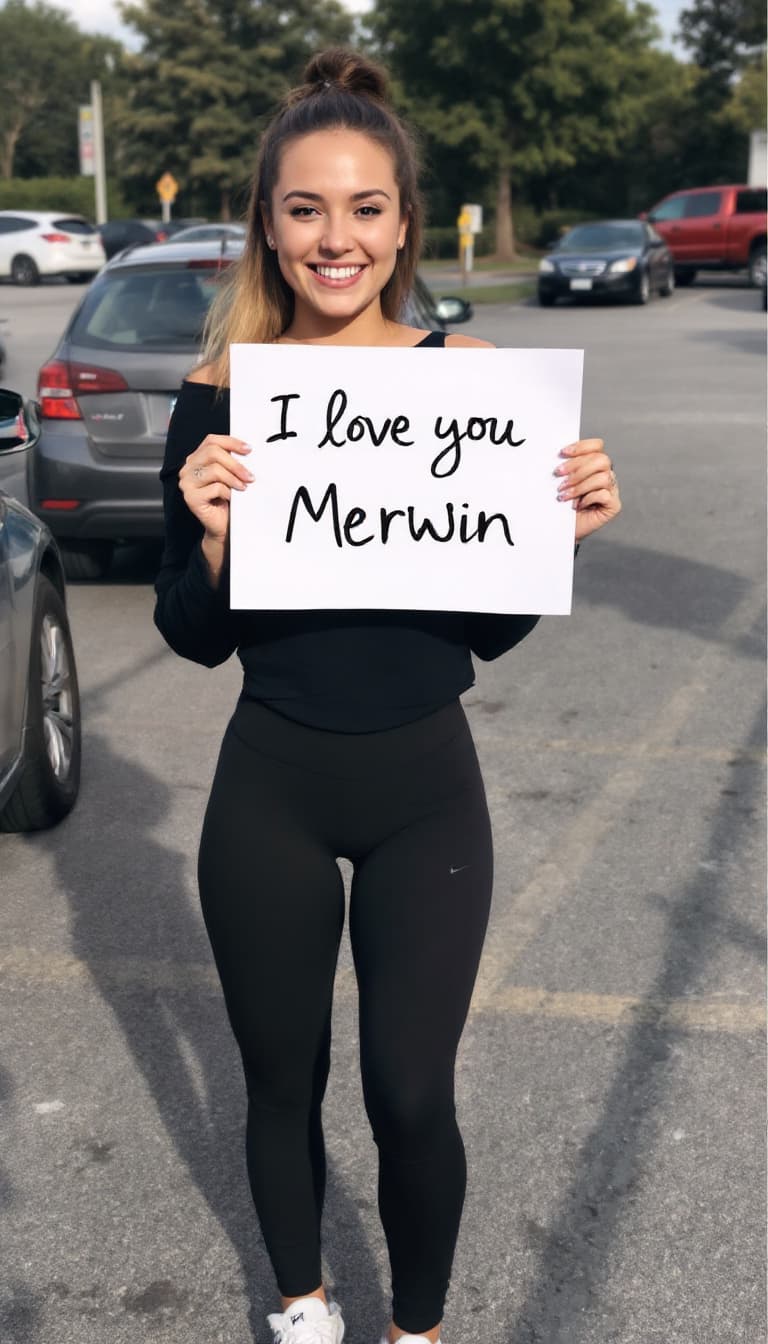 AI generated: A girlfriend is holding an A4 sheet & named by I love you Merwin, Liv Tyler, wearing a black off the...