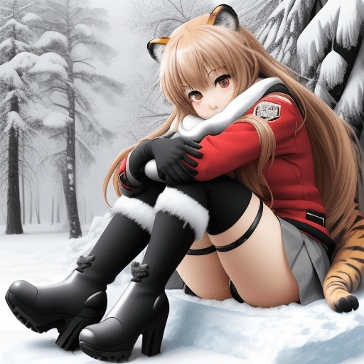 AI generated: taiga aisaka, anime, sit on snowy camouflage riding tank and hug herself, winter red school uniform,...