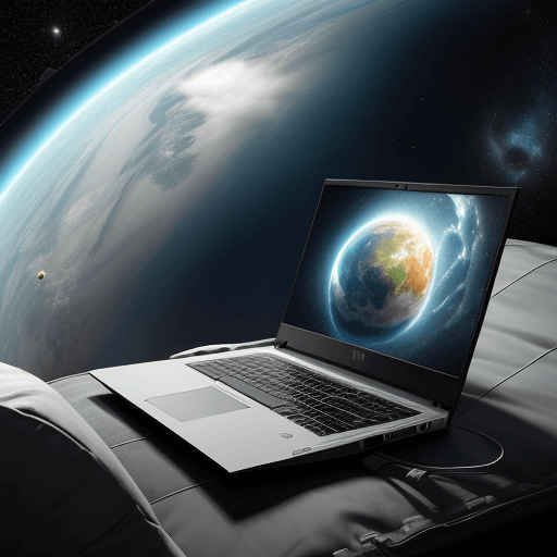 AI generated: A gaming laptop floating in space, drifting along the Milky