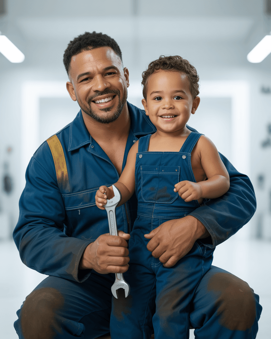 AI generated: Hyper-realistic portrait of a Brazilian father and his son (3 to 5 years old), seated mid-shot from ...