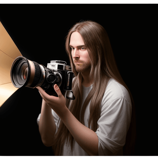 AI generated: hyper realistic photograph, photograph of an photographer holding a film camera, he is in town, watc...