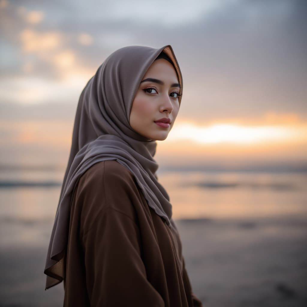 AI generated: one asian hijab women wearing a minimal clothes standing at the beach with sunset