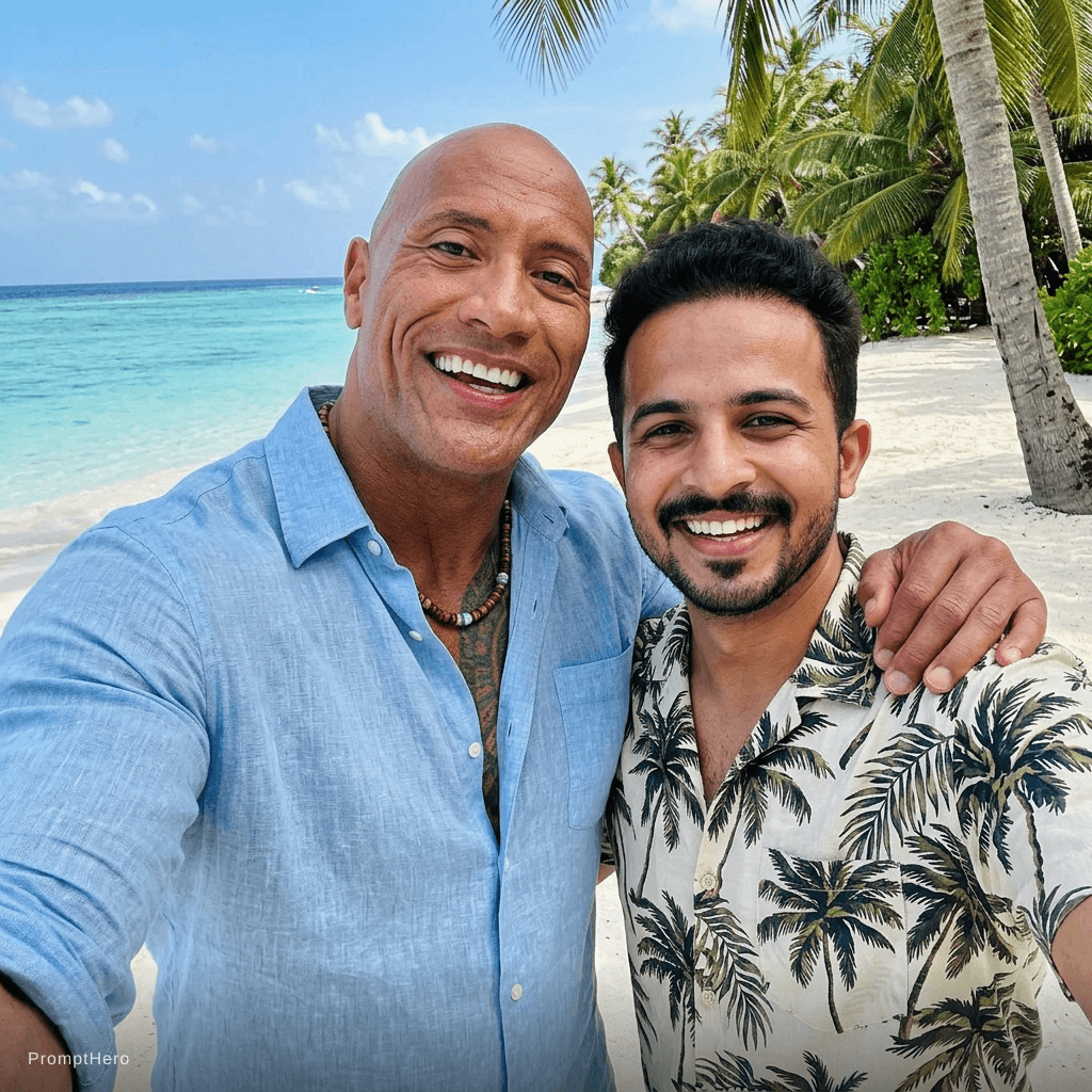 AI generated: with Dwayne Johnson at a tropical beach, sunny day, both smiling