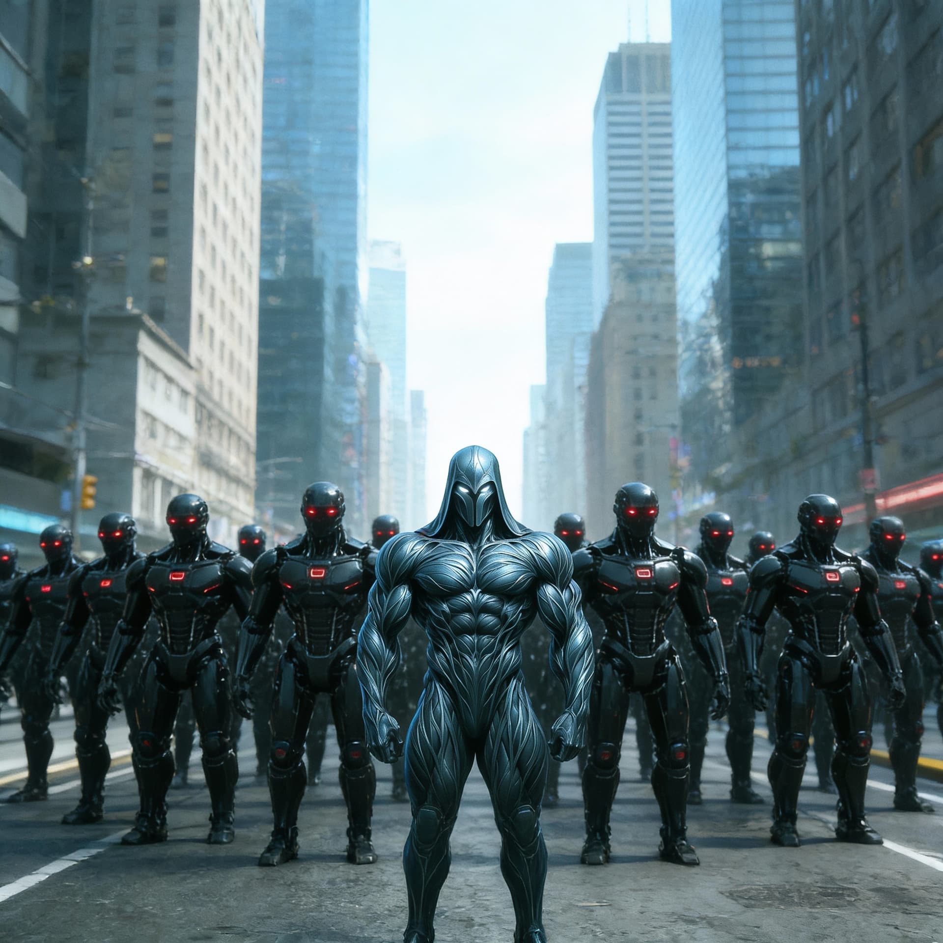 AI generated: Create a visual, show these forces as a peaceful invasion occupying force upon the streets of Earth....