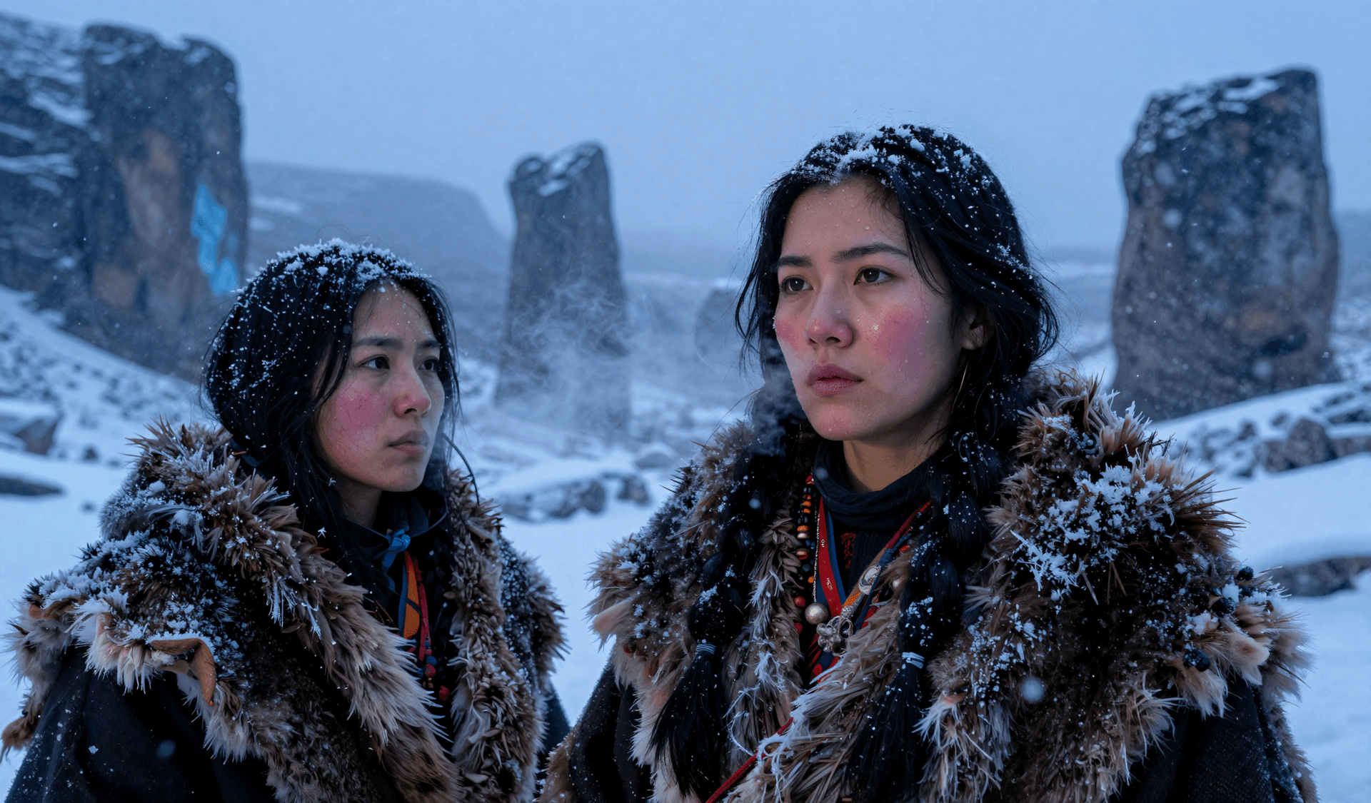 AI generated: Two focused female shamans with tensed, athletic silhouettes standing in a frozen glacial valley sur...