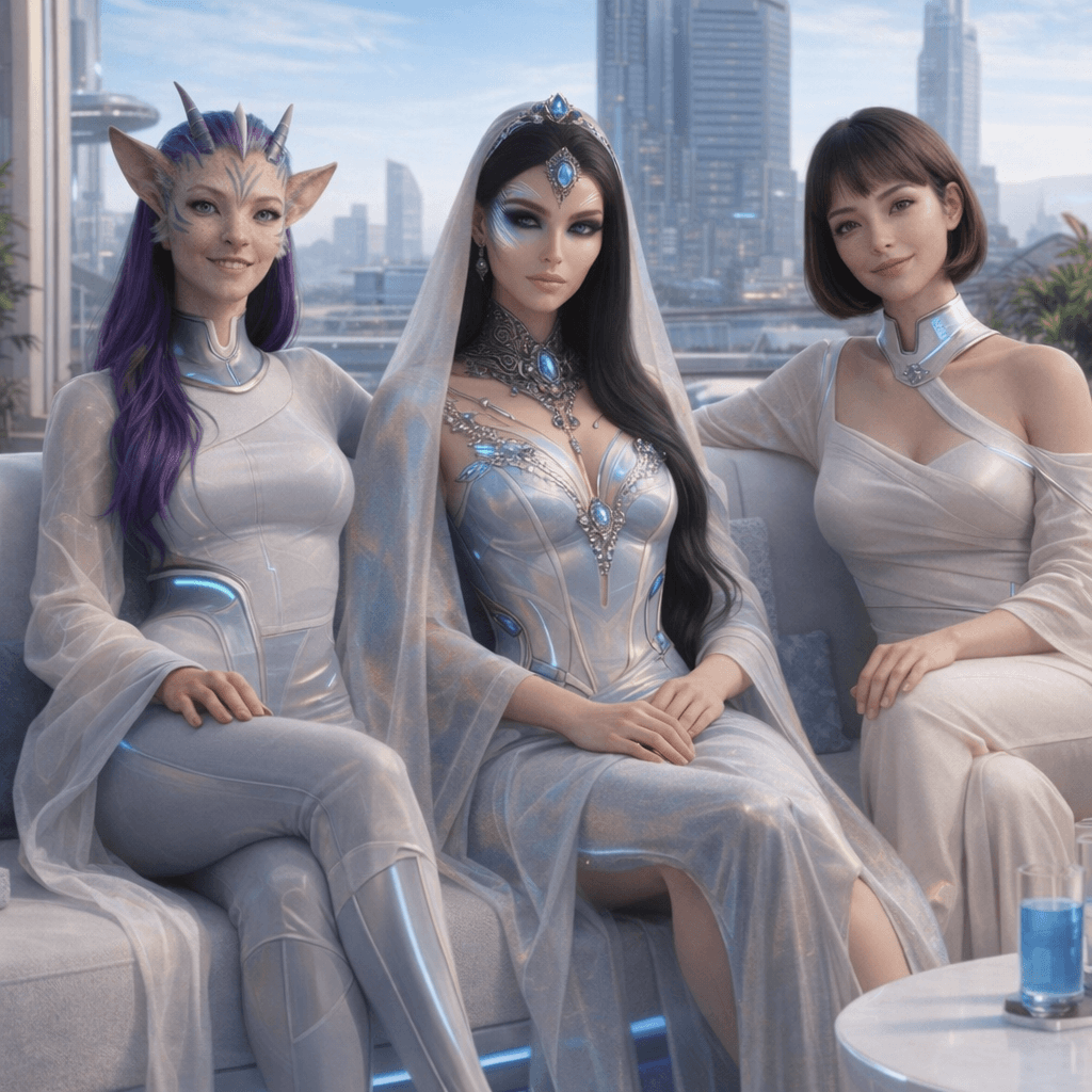 AI generated: Create an image showcasing all-female, all-separate images, posing together. Change background, clot...