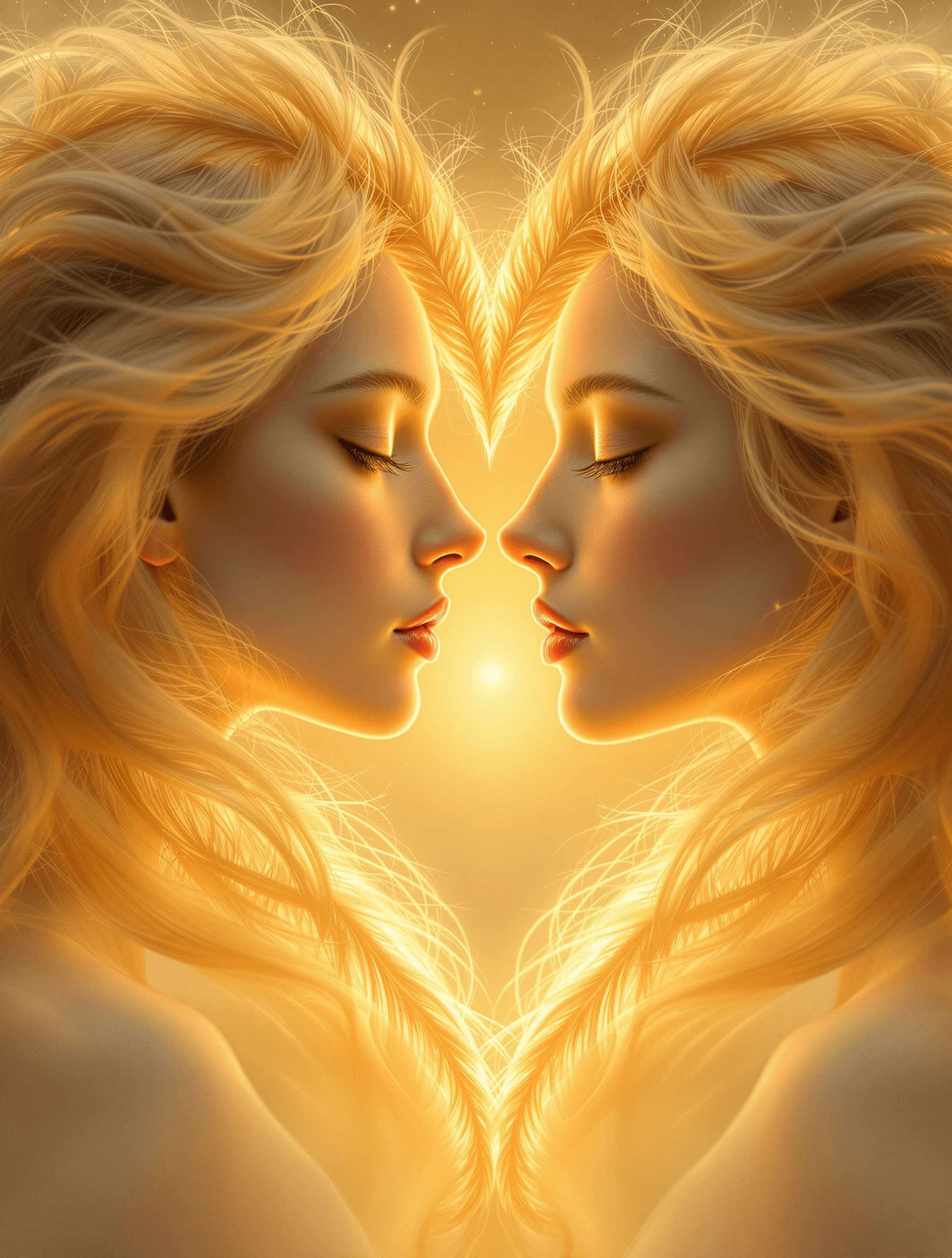 AI generated: A surreal and ethereal artwork featuring two identical women with delicate, angelic features, their ...