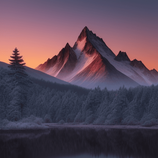 AI generated: Photo realistic 4k photo of a mountain and forest scenery. The time of day is Dusk. The sky has blue...