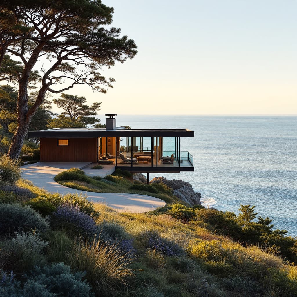 AI generated: Hyper realistic eye level exterior photo of a mid century modern style house overlooking the ocean, ...