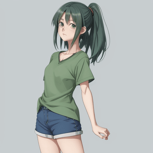 AI generated: anime girl in green shirt and blue shorts posing for picture, by Kose Kanaoka, anime visual of a cut...