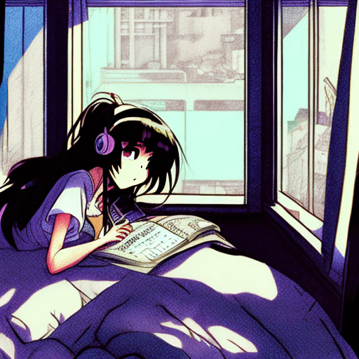 AI generated: lofi girl Lofi anime girl studying in her bed room beside the window of a busy street (lofi, anime, ...