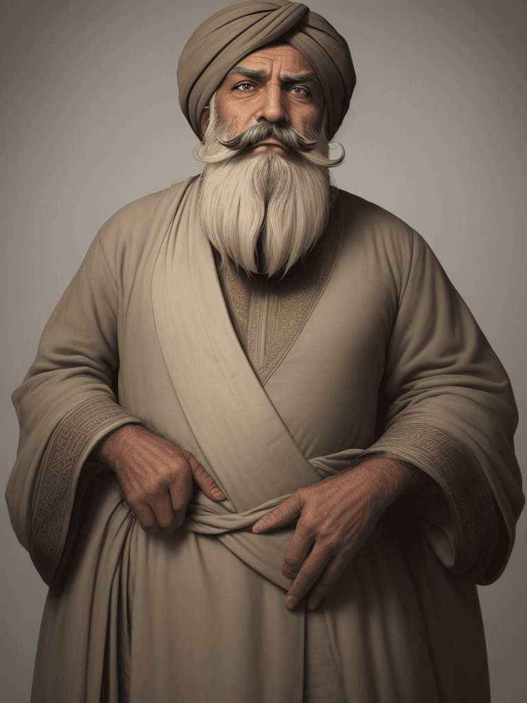 AI generated: The image features an older man with a beard and mustache, sad eyes, wearing a turban and a long rob...