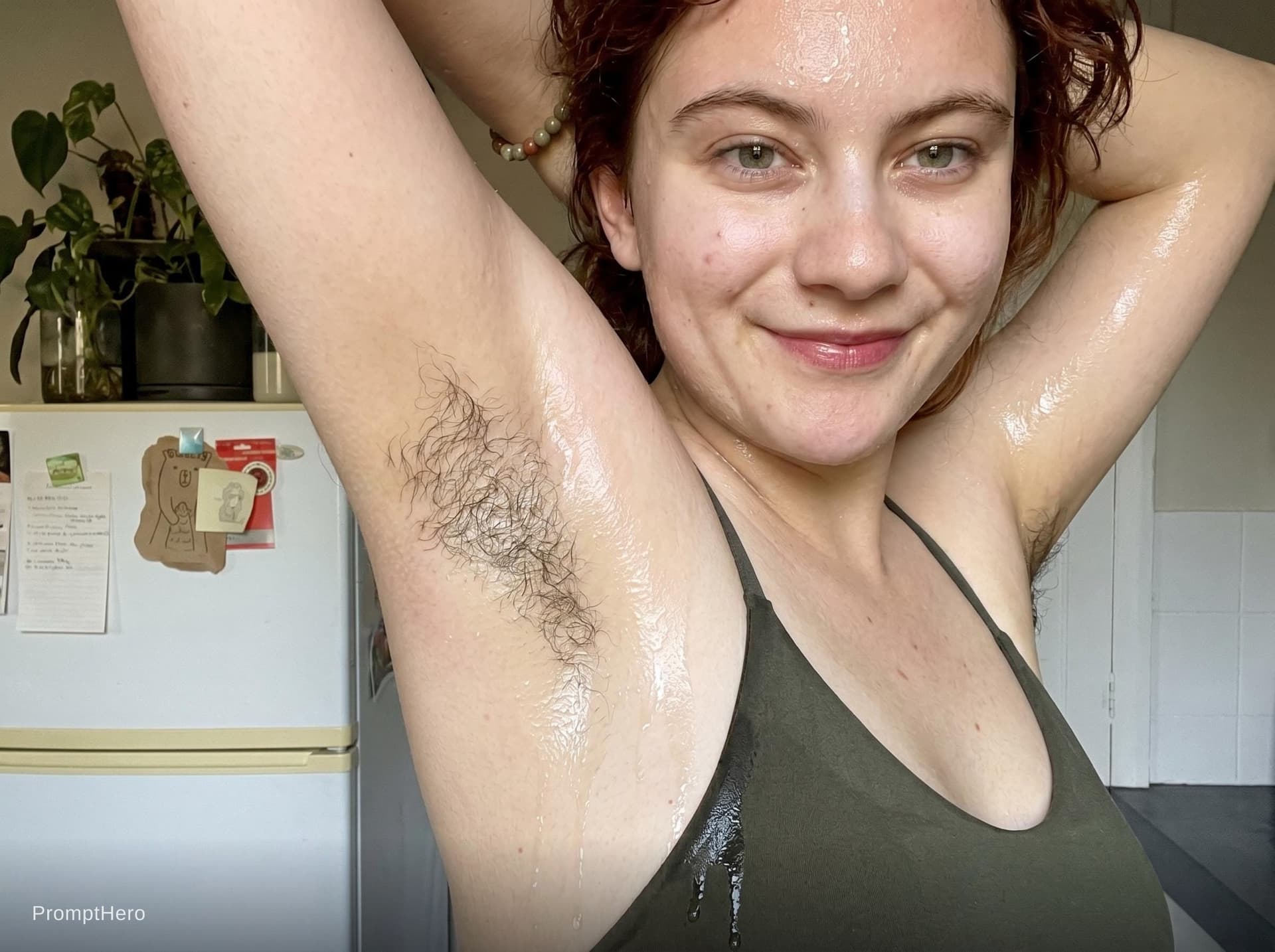 AI generated: A girl wearing sleeveless shirt showings her extremely sweaty and stubbly armpit drenched and soaked...