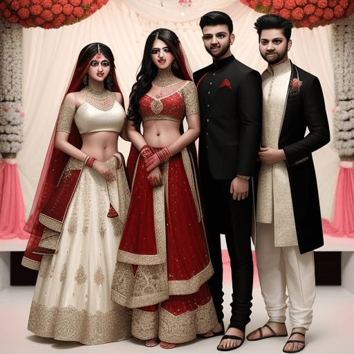AI generated: Create an image 24 year old groom boy wearing wedding dress standing in marriage hall with 2 beautif...