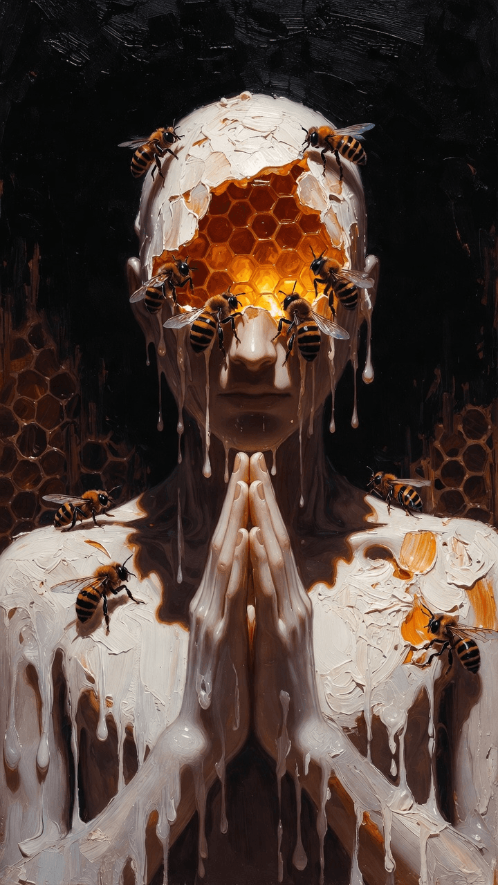 AI generated: A surreal oil painting titled "The Sacred Hive" featuring a wax figure with a glowing honeycomb head...