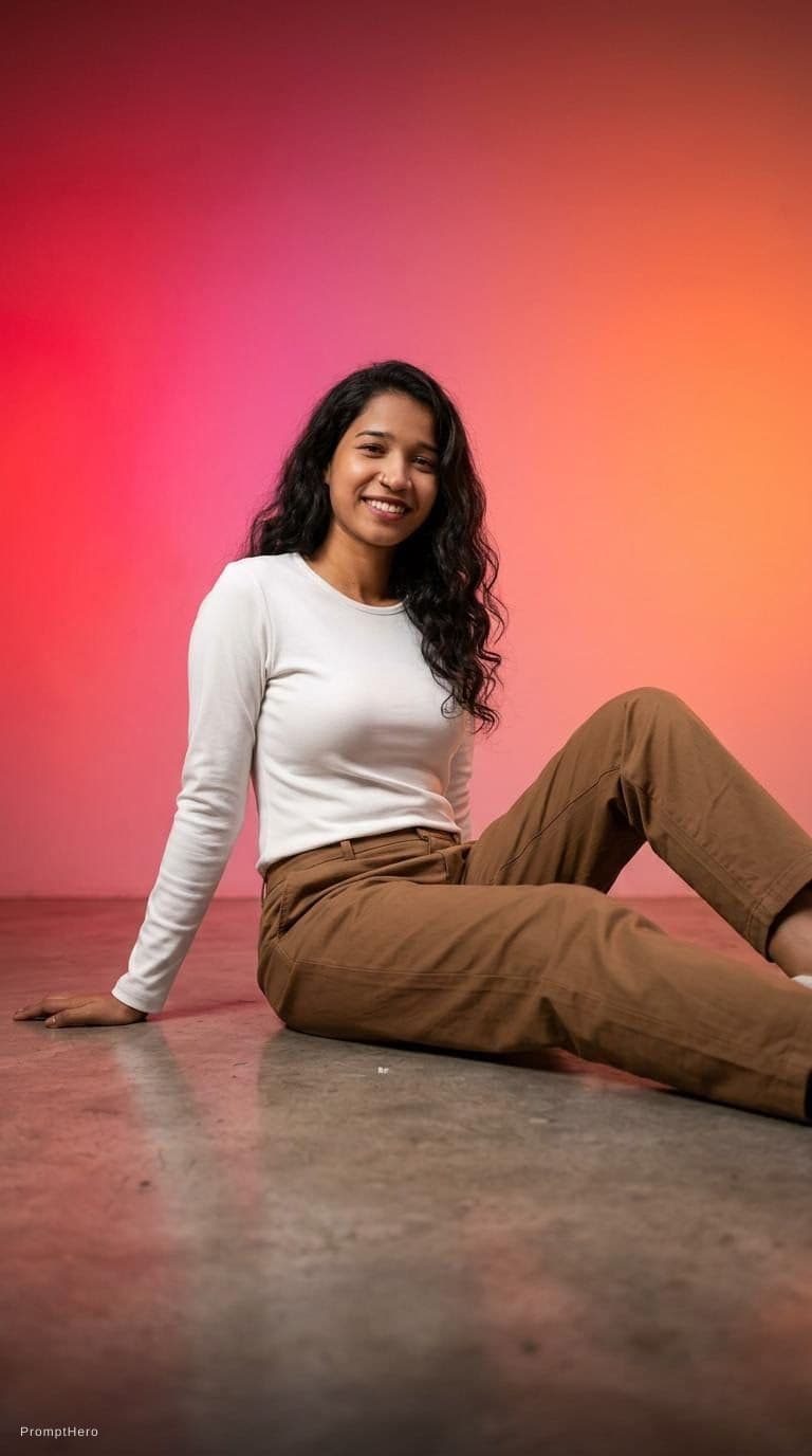 AI generated: wide and low angle, cinematic, fashion photography for the brand Uniqlo. Woman sitting on floor wear...