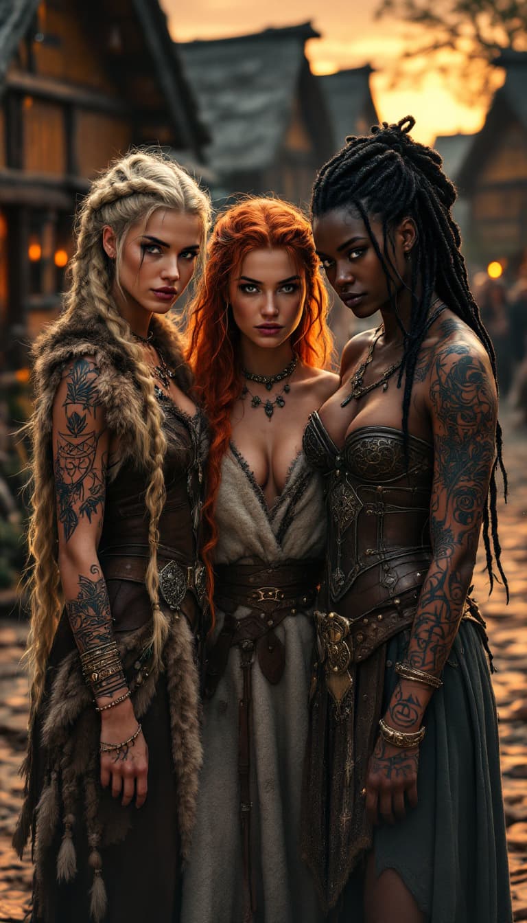 AI generated: A gathering of Viking women in a serene village setting, showcasing their beauty and strength; one w...