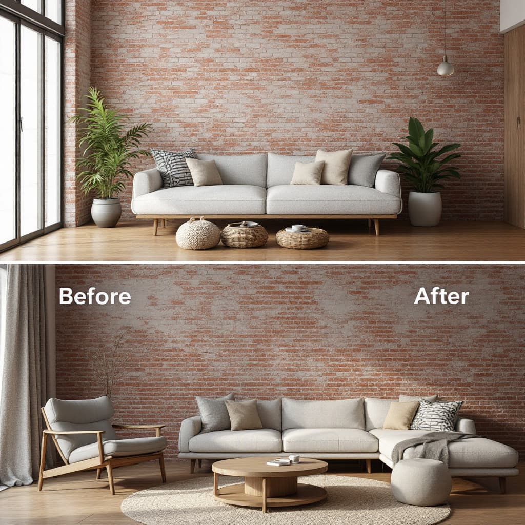 AI generated:  Before & After concept (empty space vs. 3D render) a divided photo  with An empty, unfinished space...