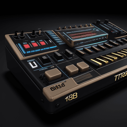 AI generated: Roland TB 303 , Front , hyperrealistic, 8k, hyperdetailed, steampunk | cyberpunk | Dance Hall |