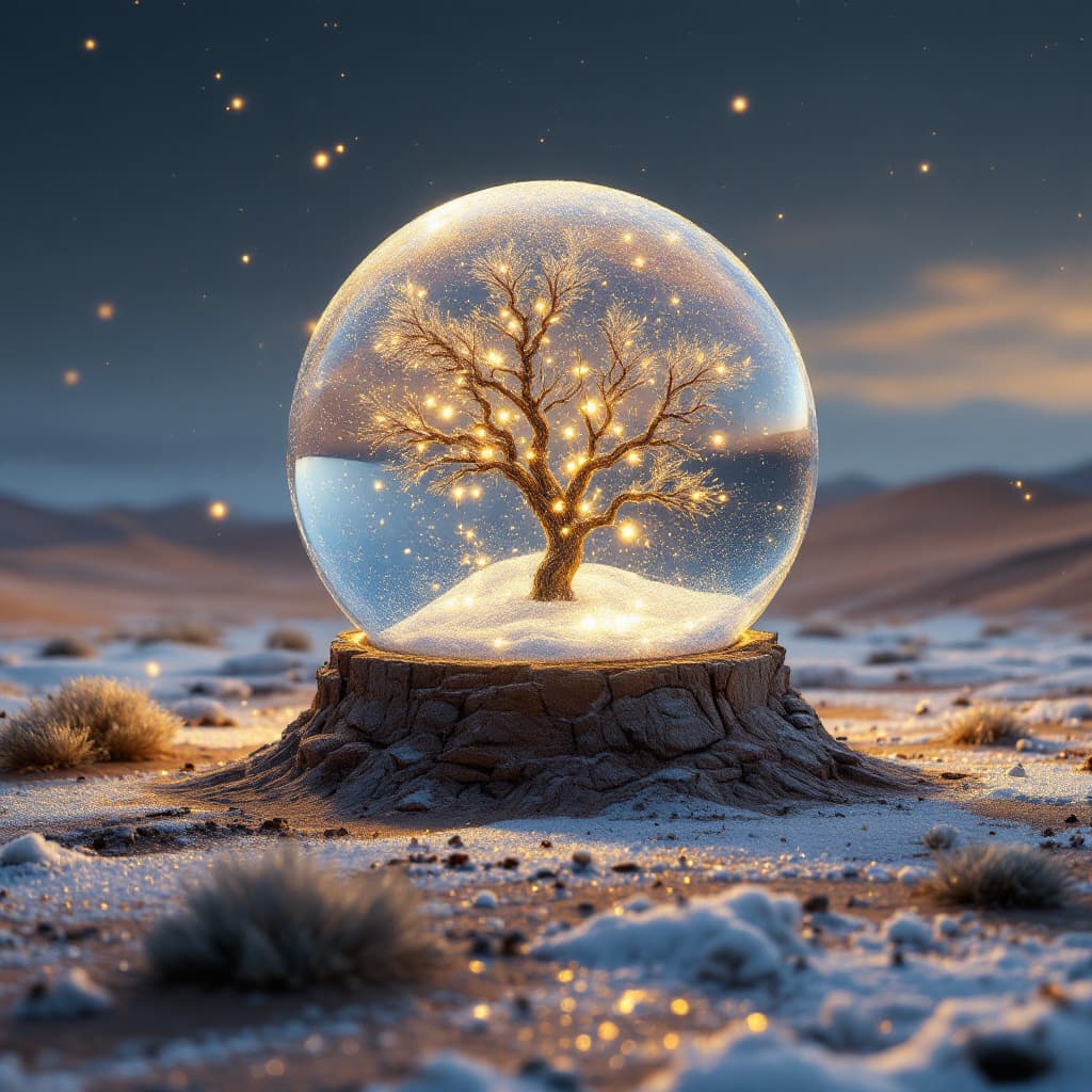 AI generated: snow globe shapped like a cube , on the desert floor, there is a blizzard inside