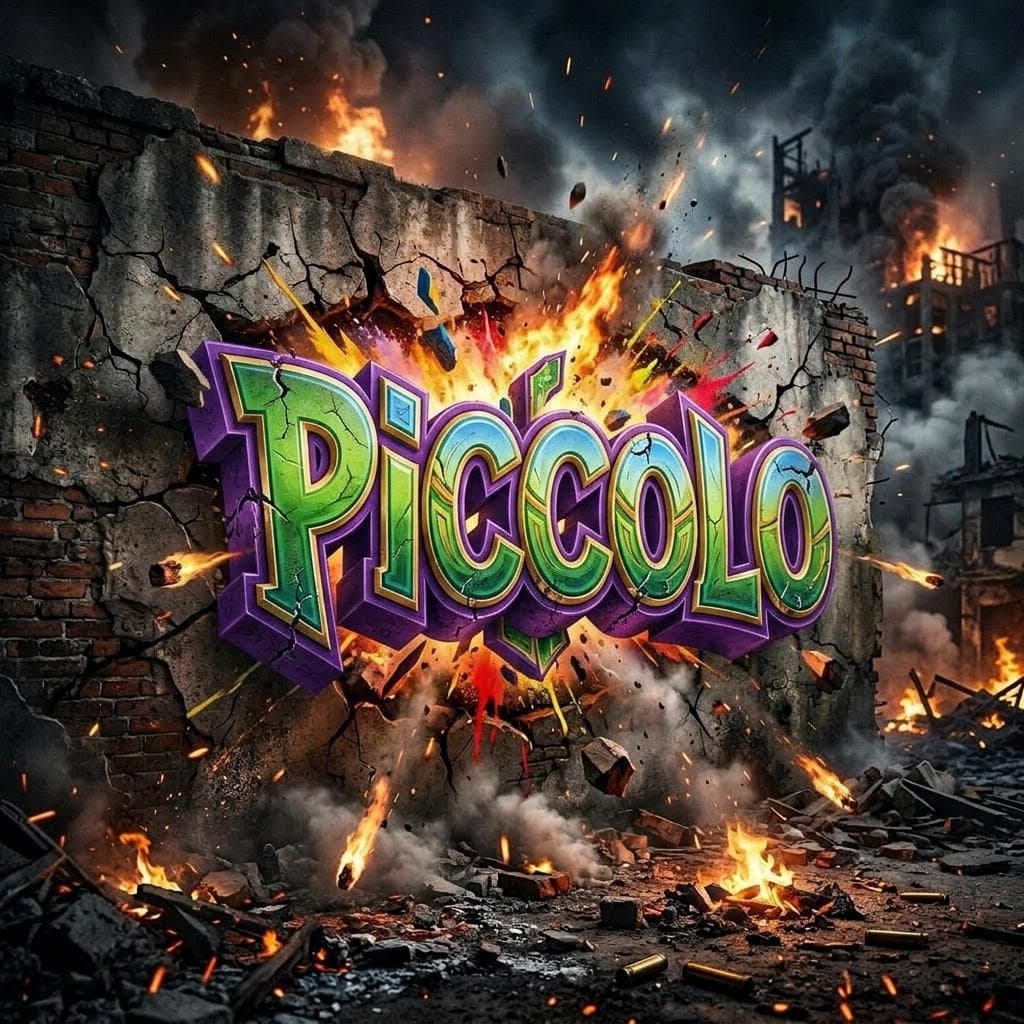 AI generated: Front view pov of 3d grunge letters of the word "PICCOLO" in 3D letters, the 3d bevels are going to ...